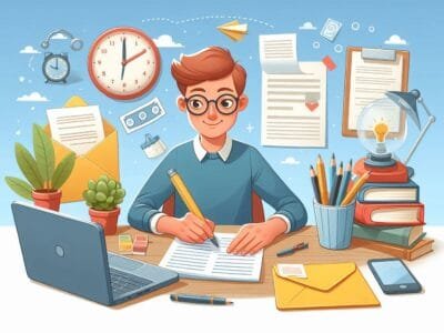 A student writing something, Surrounded with books, watch, plants